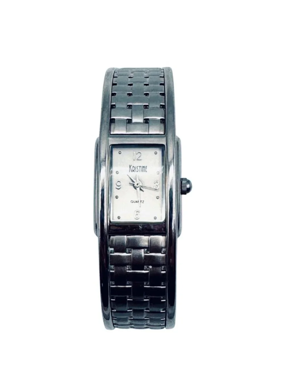 Vintage Kristine Cuff Bracelet Watch Basket Weave Silver Quartz Classic 1980s - Picture 7 of 7